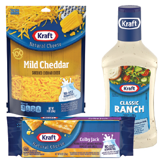 7-8 oz Kraft Shredded or Chunk Cheeses or 14-16 oz Kraft Salad Dressings