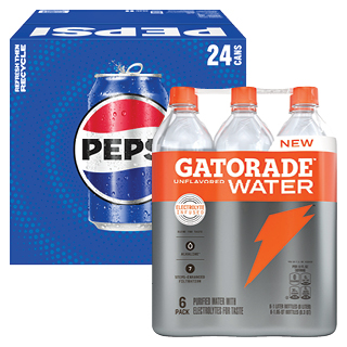 24 pk/12 oz Pepsi Cubes or 6 pk/1 ltr Gatorade Water